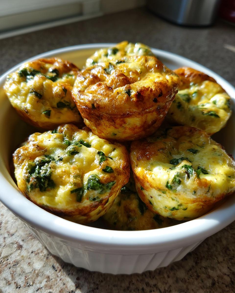 A close-up of several golden brown, baked egg bites mixed with green spinach or herbs, piled in a white ramekin.