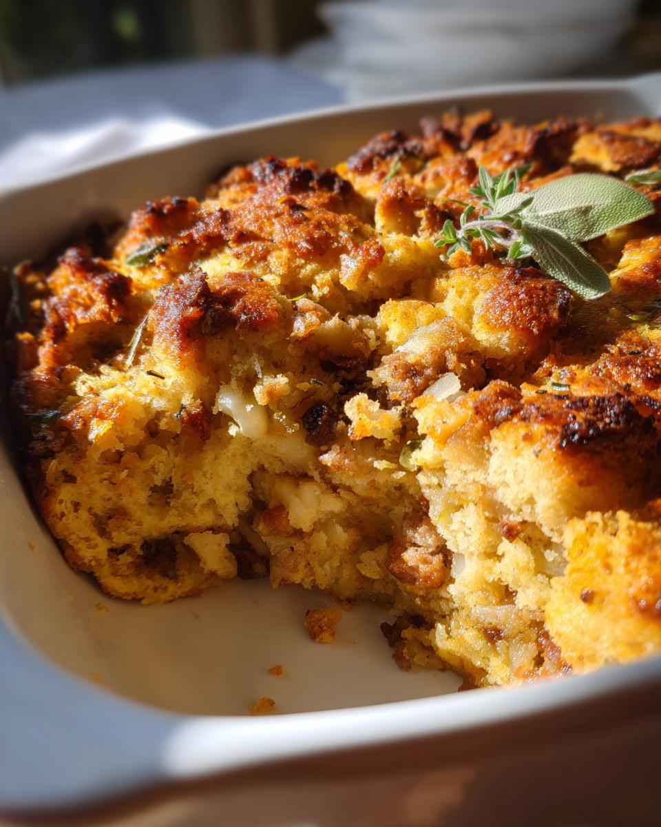 Close-up of moist sausage stuffing with a crispy, golden-brown top, garnished with fresh sage.
