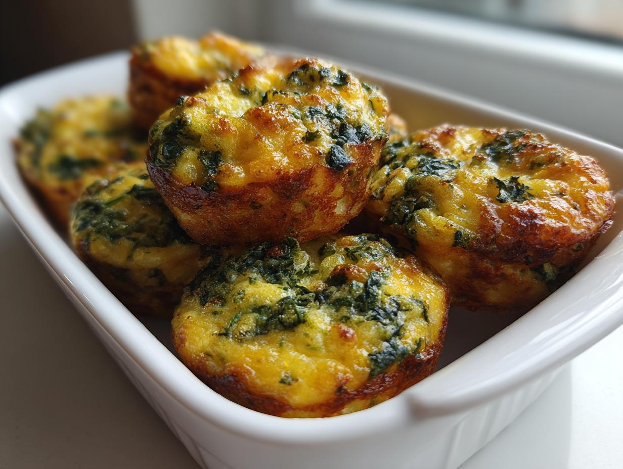 Close-up of golden brown spinach egg bites stacked in a white dish, perfect for meal prep.