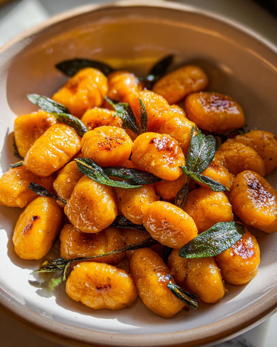 Close-up of golden brown sweet potato gnocchi tossed in butter and topped with crispy sage leaves.