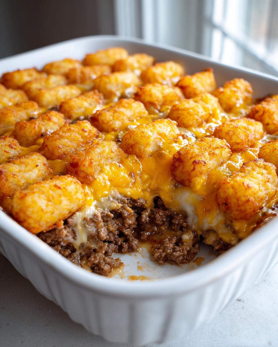 A close-up of a baked tater tot casserole showing a layer of browned ground beef topped with melted cheddar cheese and crispy tater tots.