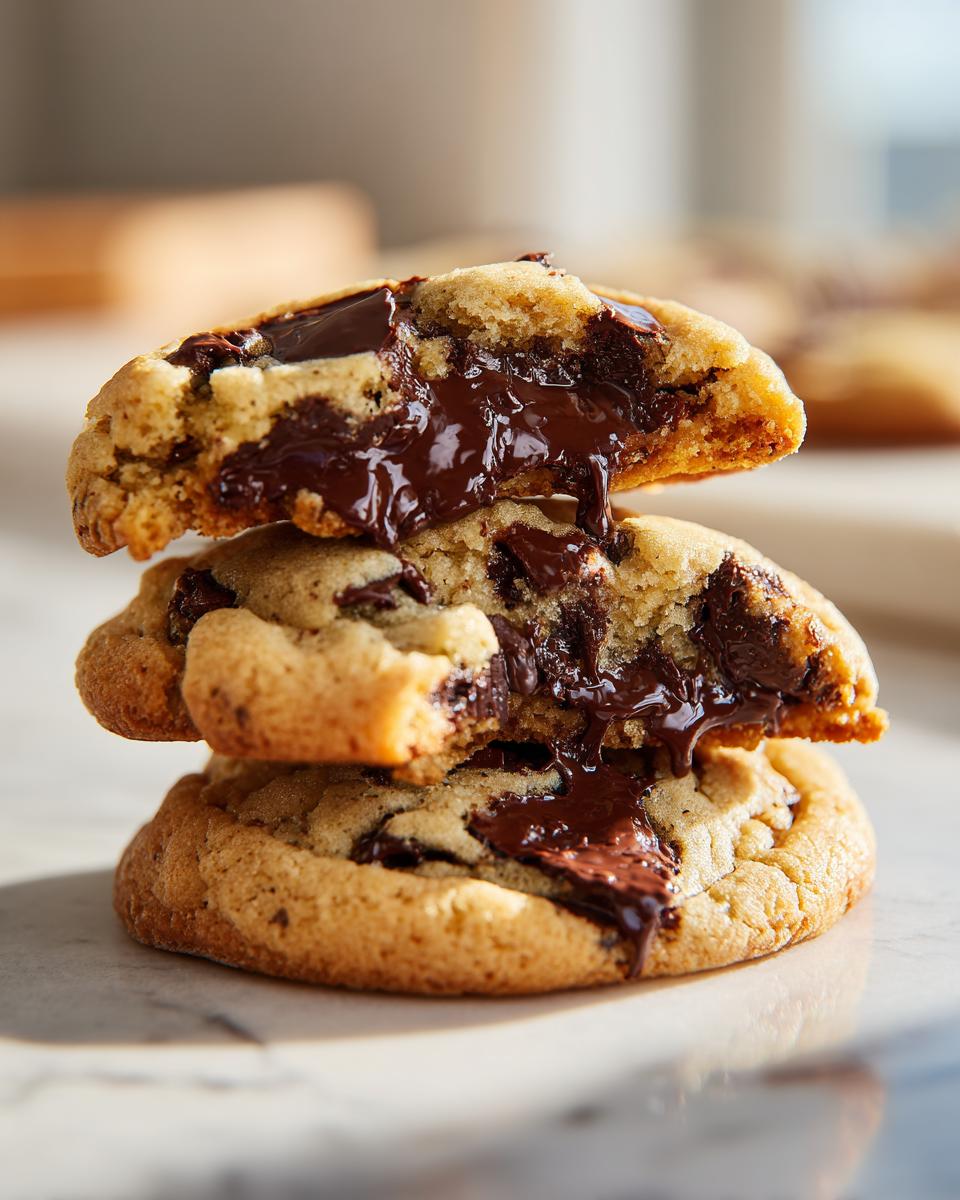 Stack of three gooey brown butter chocolate chip cookies, with the top one broken open revealing melted chocolate.