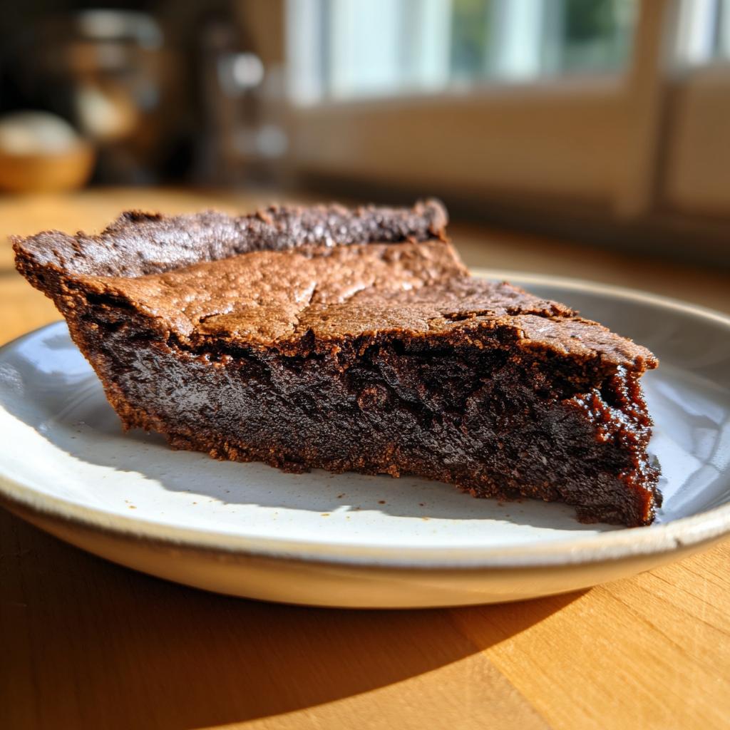 A rich, gooey slice of hot fudge pie sits on a light-colored plate, catching the sunlight.