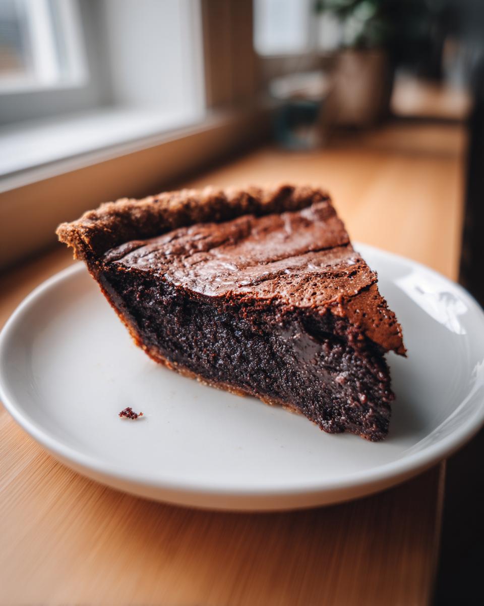A decadent, dark slice of hot fudge pie with a cracked top, served on a white plate near a window.