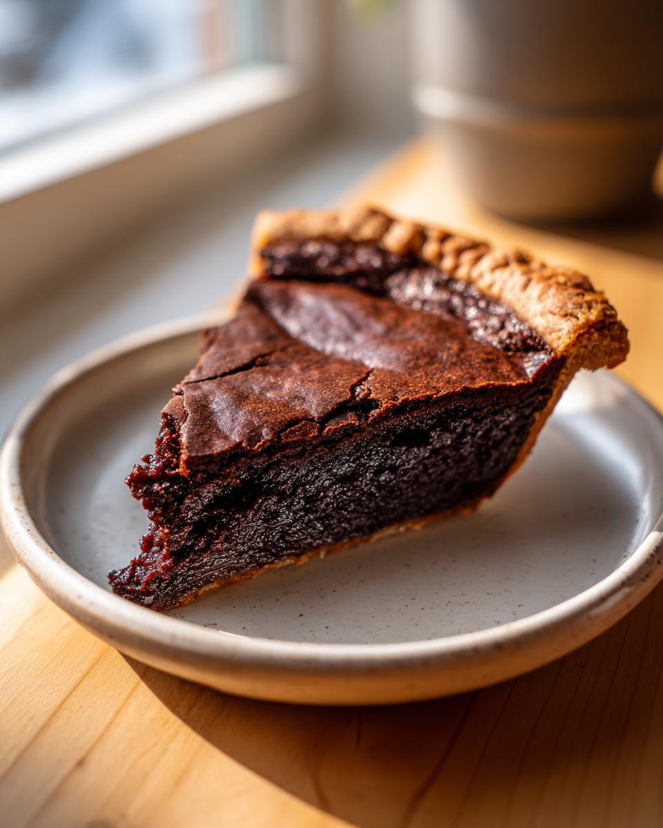 A rich, dark slice of hot fudge pie with a flaky crust sitting on a speckled plate near a window.