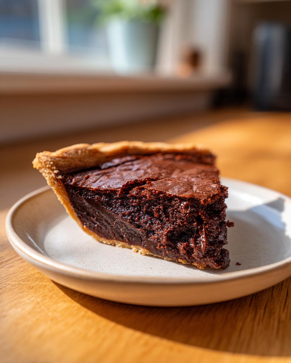 A rich, dark slice of gooey hot fudge pie resting on a light ceramic plate in the sunlight.