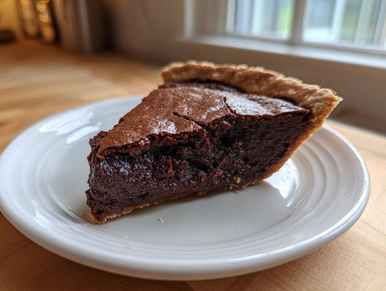 A close-up of one gooey slice of hot fudge pie resting on a white plate near a window.