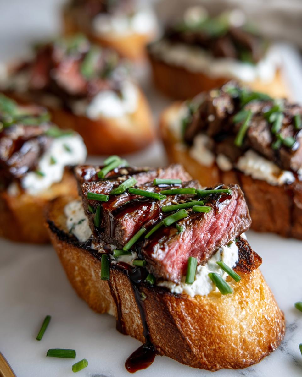 Close-up of a perfectly cooked steak crostini topped with rare steak, creamy cheese, and fresh chives.