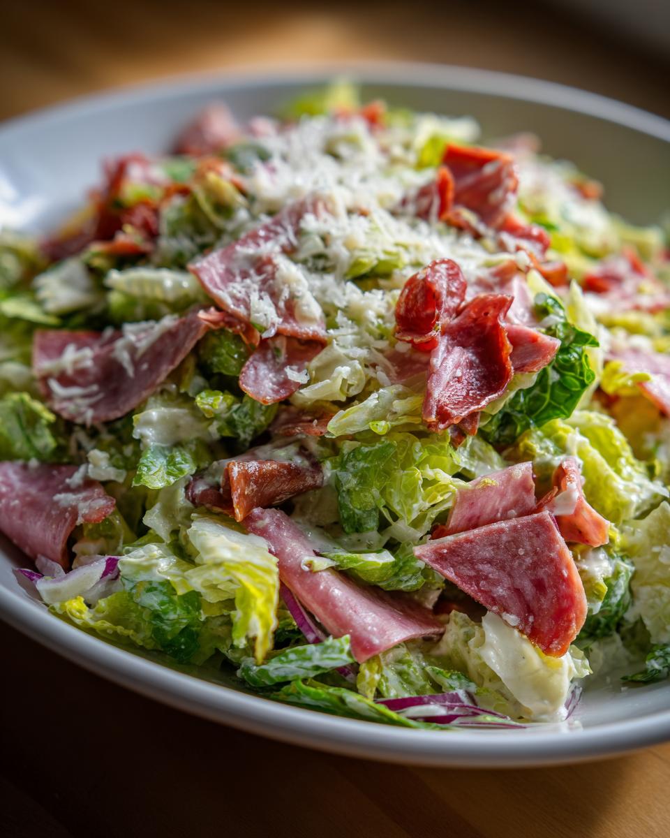 Close-up of a hearty grinder salad featuring chopped lettuce, Italian meats, creamy dressing, and grated cheese.