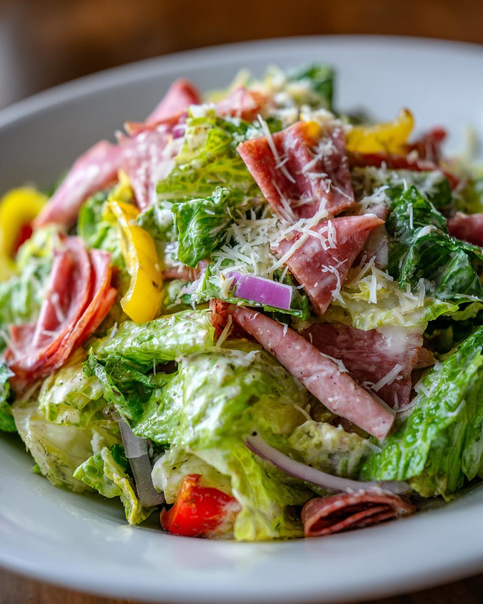 A close-up view of a vibrant grinder salad featuring romaine lettuce, folded salami, yellow peppers, red onion, and grated Parmesan cheese.