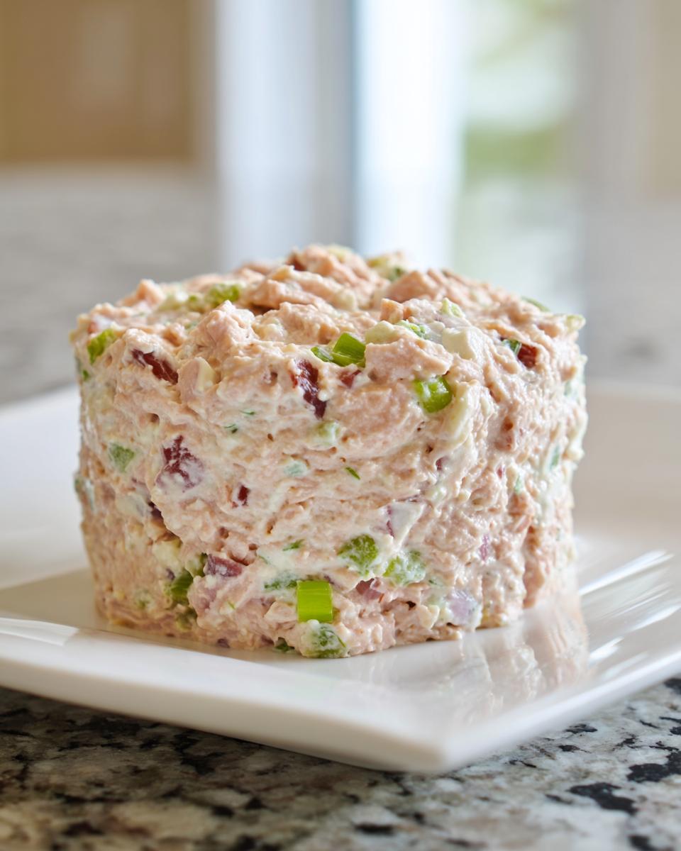 A cylindrical serving of creamy, pink ham salad recipe mixed with green onions and red onion pieces.