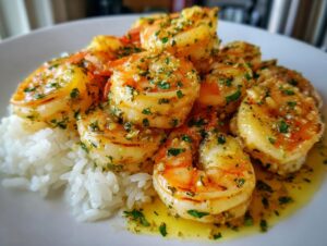 Plump, succulent Hawaiian garlic shrimp coated in a buttery garlic and parsley sauce, served over a bed of white rice.