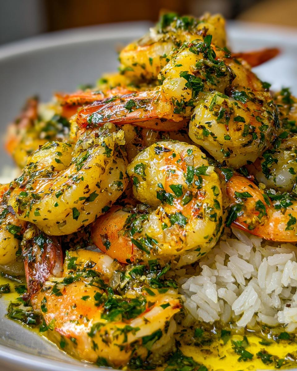 Close-up of juicy Hawaiian garlic shrimp coated in garlic butter and parsley, served over white rice.
