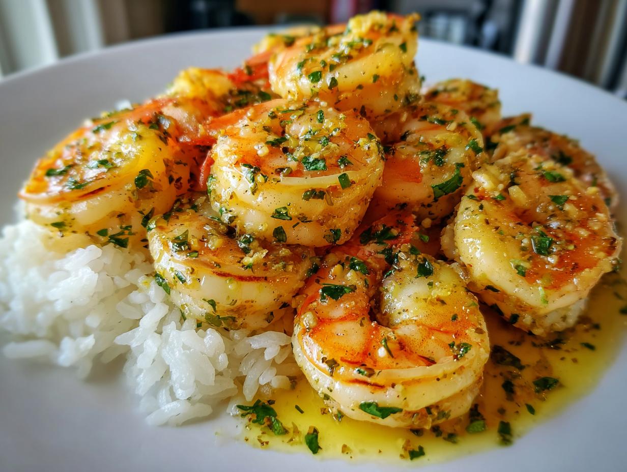 Plump, succulent Hawaiian garlic shrimp coated in a buttery garlic and parsley sauce, served over a bed of white rice.