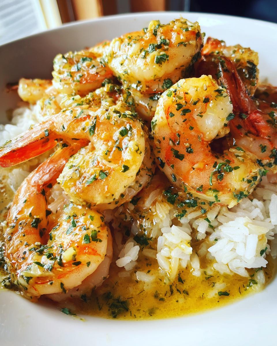 Close-up of succulent Hawaiian garlic shrimp coated in a buttery, garlicky sauce and served over white rice.