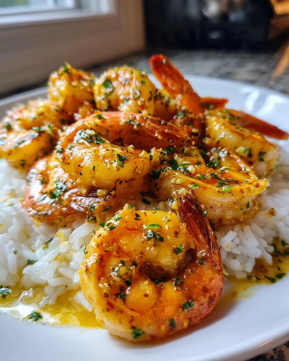 Close-up of juicy Hawaiian garlic shrimp coated in butter and herbs, served over a bed of white rice.