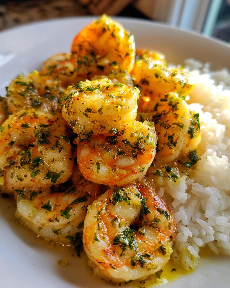 Close-up of succulent Hawaiian garlic shrimp coated in buttery garlic sauce and parsley, served next to fluffy white rice.