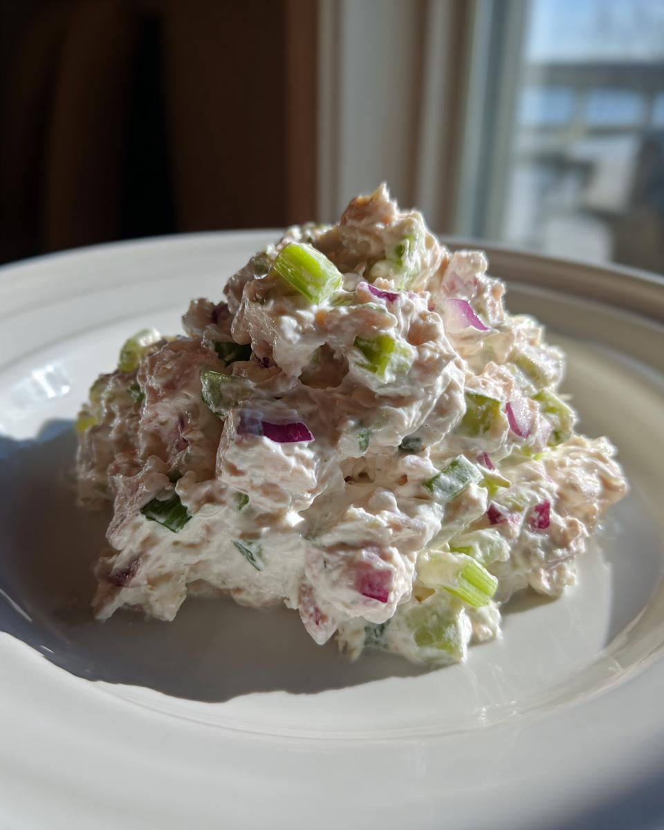 A close-up of a fresh mound of healthy tuna salad mixed with creamy dressing, visible chunks of celery, and red onion on a white plate.