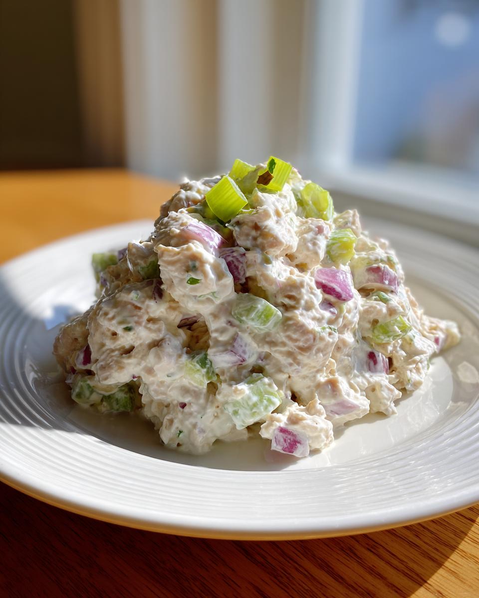 A close-up of a scoop of creamy healthy tuna salad mixed with red onion and celery, topped with green onions.