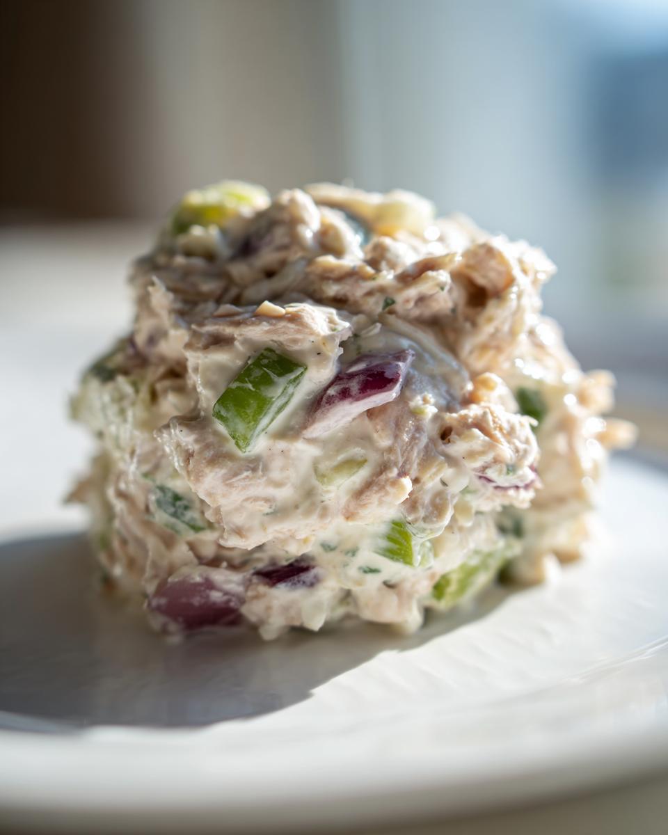 A scoop of creamy healthy tuna salad mixed with visible chunks of green celery and red onion on a white plate.