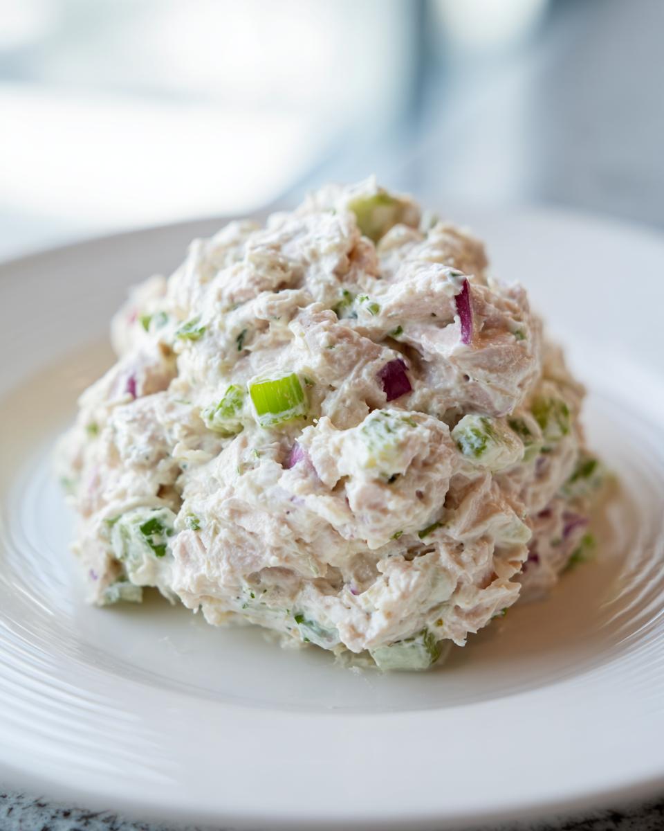 A scoop of creamy healthy tuna salad mixed with chopped celery and red onion served on a white plate.