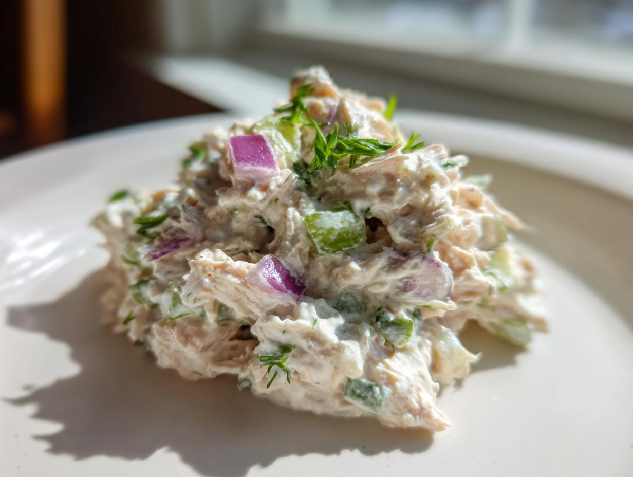 A mound of creamy healthy tuna salad mixed with diced red onion and celery, topped with fresh dill on a white plate.