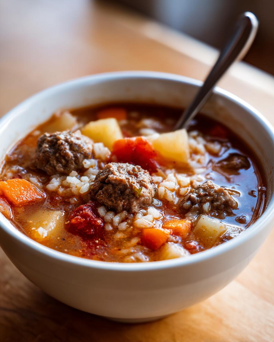 Close-up of a white bowl filled with rich, tomato-based albondigas soup featuring meatballs, rice, carrots, and potatoes.