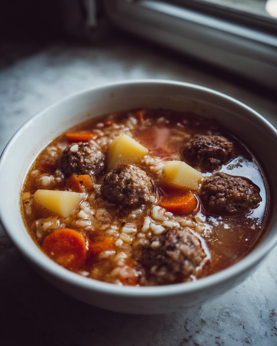 Close-up of a white bowl filled with rich albondigas soup, featuring meatballs, potatoes, carrots, and rice.