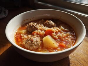 A close-up of a white bowl filled with rich, tomato-based albondigas soup featuring meatballs, rice, potatoes, and carrots.