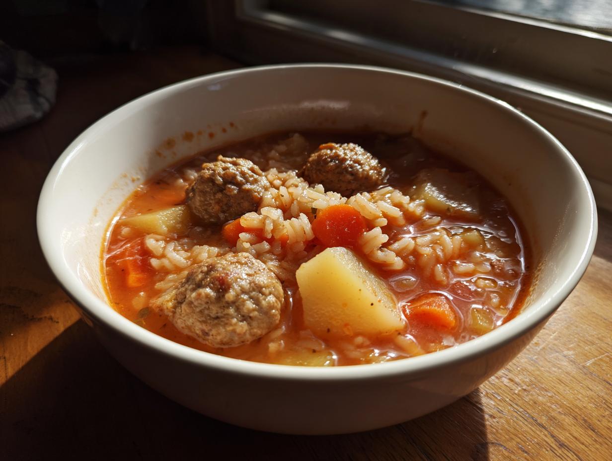 A close-up of a white bowl filled with rich, tomato-based albondigas soup featuring meatballs, rice, potatoes, and carrots.