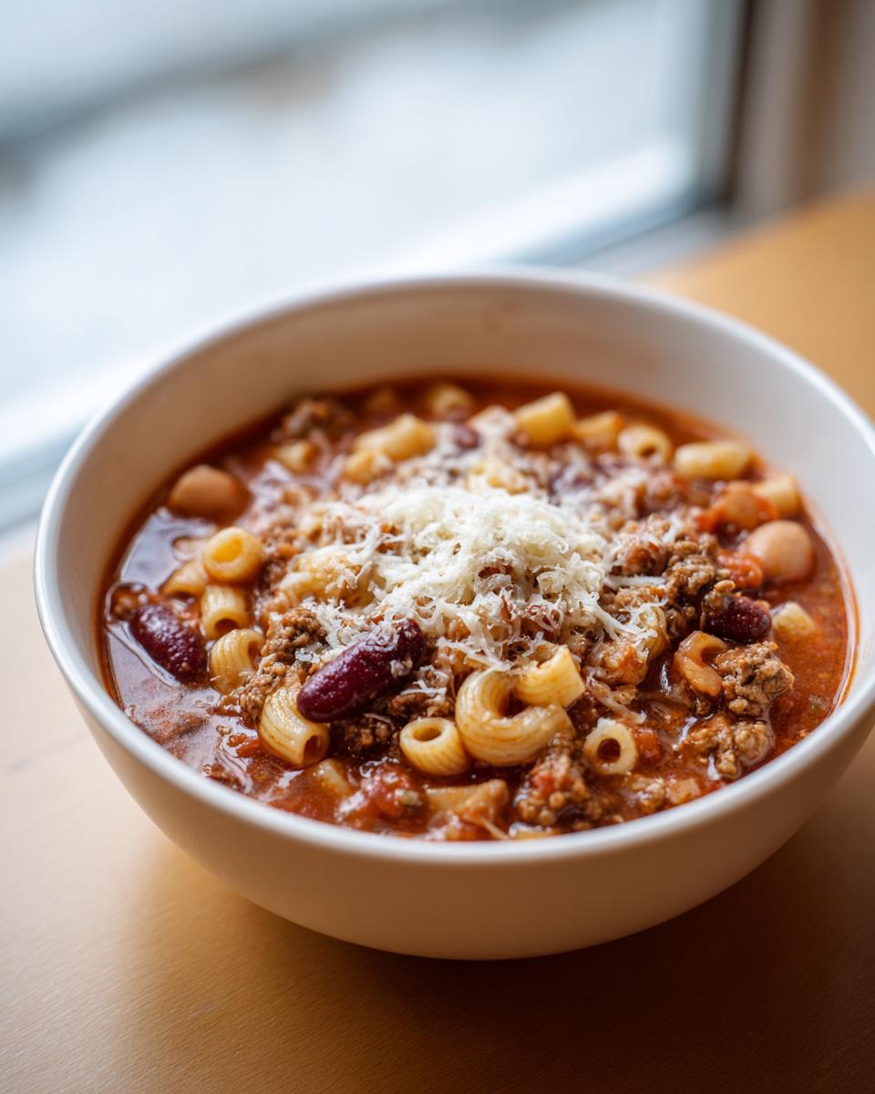 Close-up of a white bowl filled with rich pasta fagioli, featuring elbow macaroni, beans, ground meat, and topped with grated Parmesan cheese.