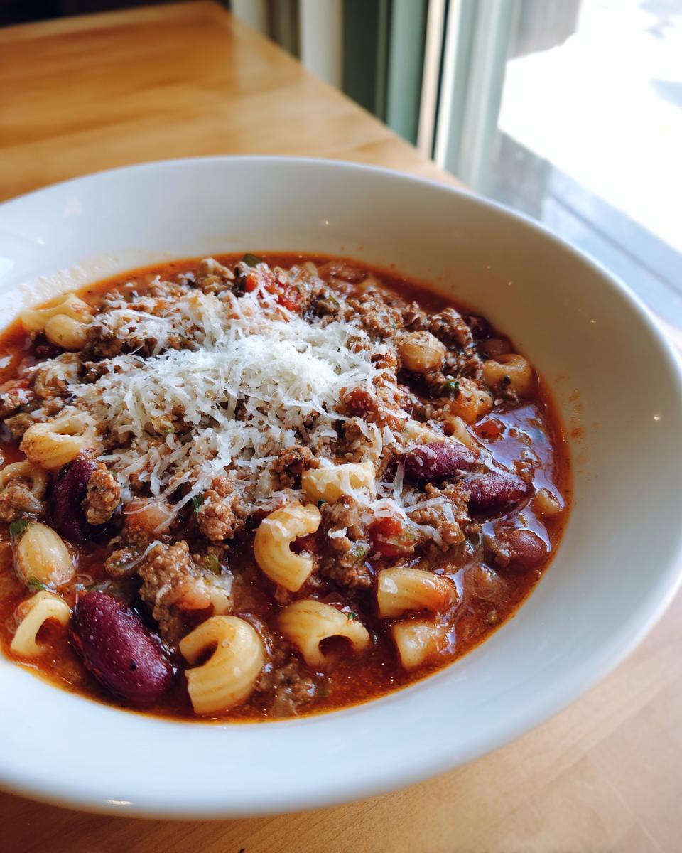 Close-up of a rich bowl of pasta fagioli, featuring ground meat, beans, elbow macaroni, and topped with grated Parmesan cheese.