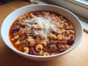 Close-up of a steaming bowl of rich pasta fagioli soup, loaded with beans, ground meat, pasta, and topped with grated Parmesan cheese.
