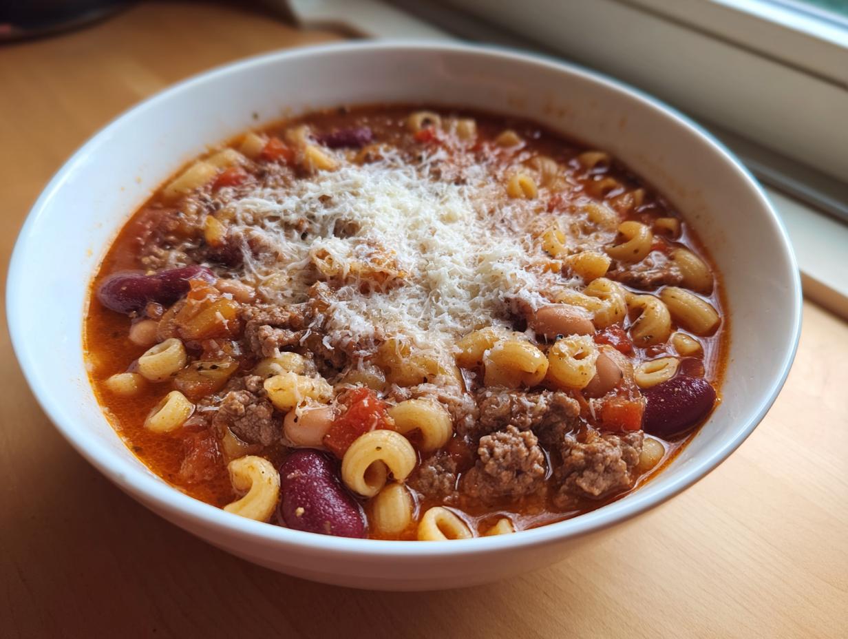 Close-up of a steaming bowl of rich pasta fagioli soup, loaded with beans, ground meat, pasta, and topped with grated Parmesan cheese.