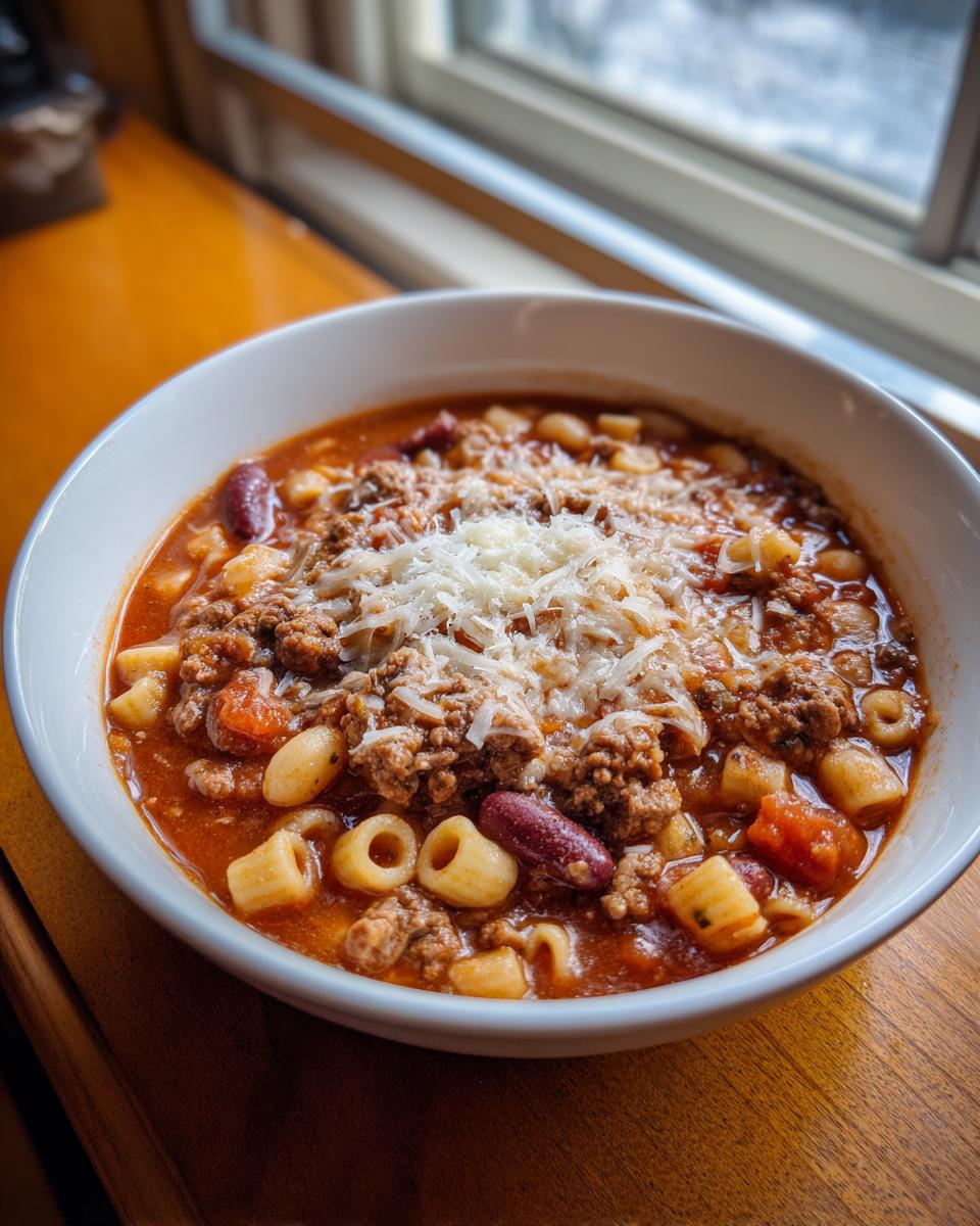 A close-up of a white bowl filled with rich pasta fagioli, topped generously with shredded Parmesan cheese.