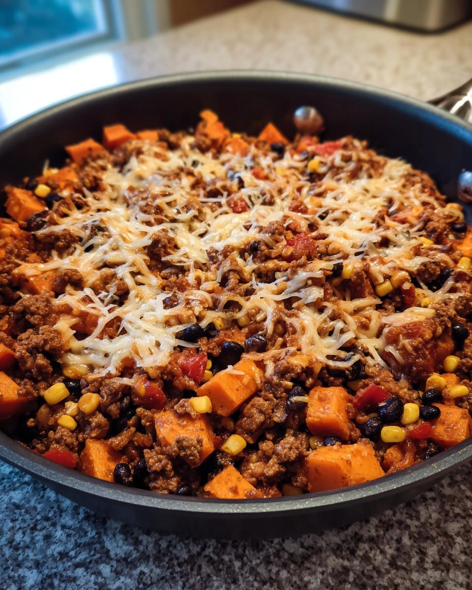 A close-up of a one-pan sweet potato skillet mixture topped with melted shredded cheese.