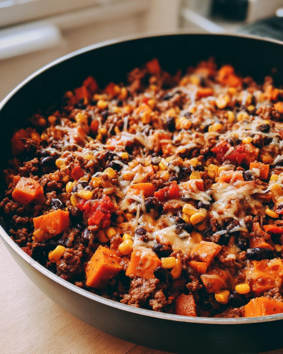Close-up of a savory sweet potato skillet mixture with ground meat, black beans, corn, and melted cheese topping.