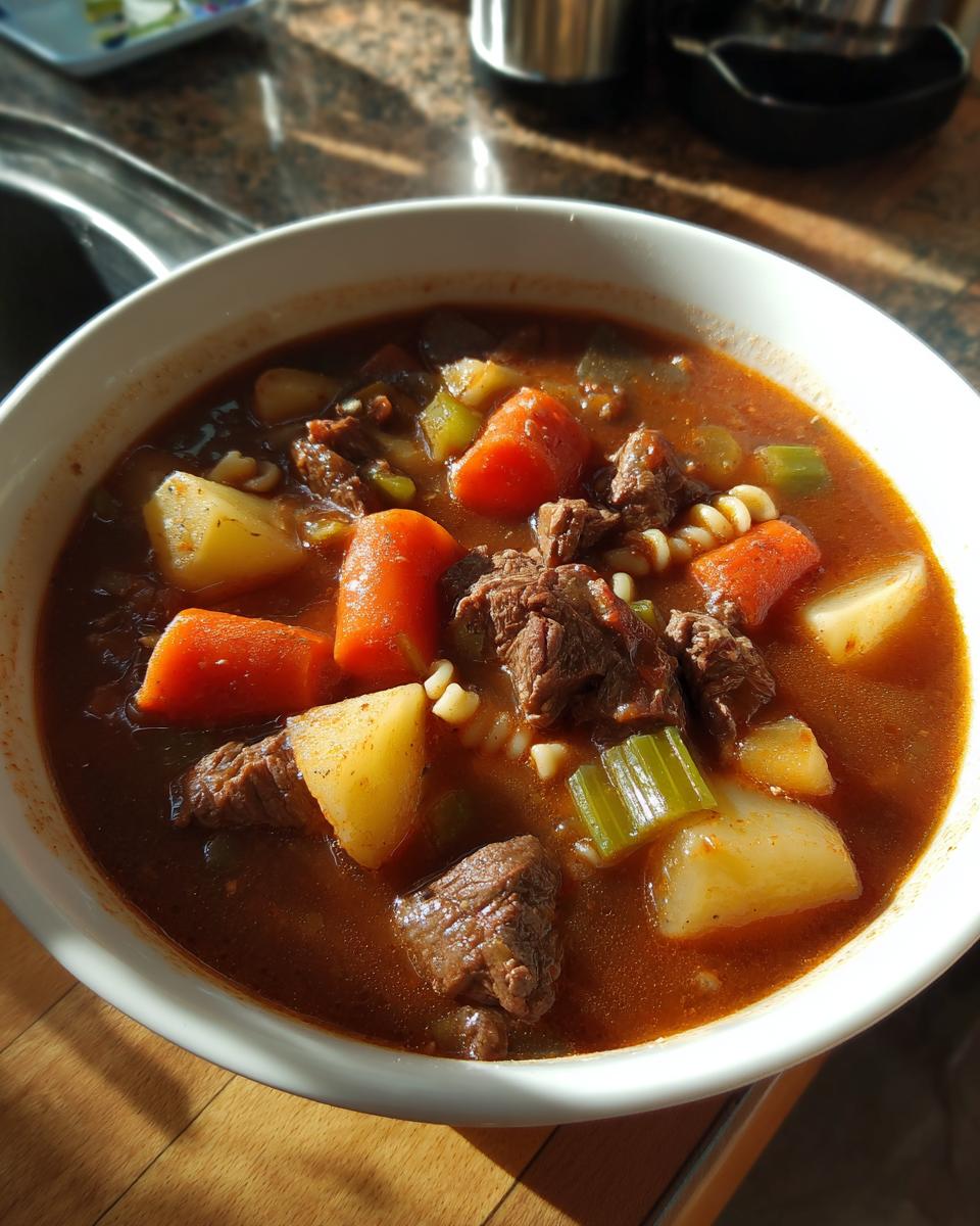 Close-up of a steaming white bowl filled with rich vegetable beef soup, featuring chunks of beef, carrots, potatoes, and pasta.