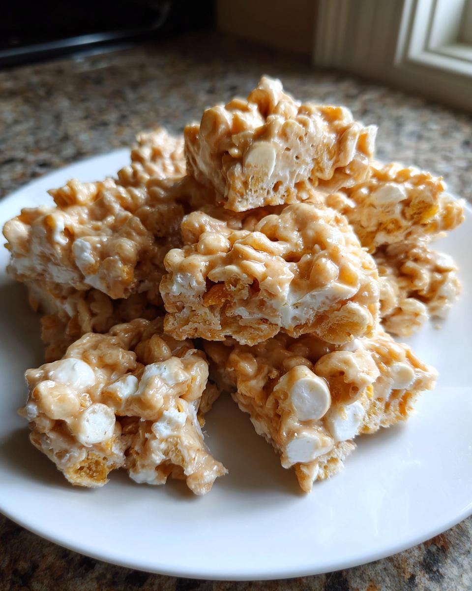 A pile of freshly cut avalanche cookies featuring melted peanut butter, cereal, and white chocolate chips on a white plate.
