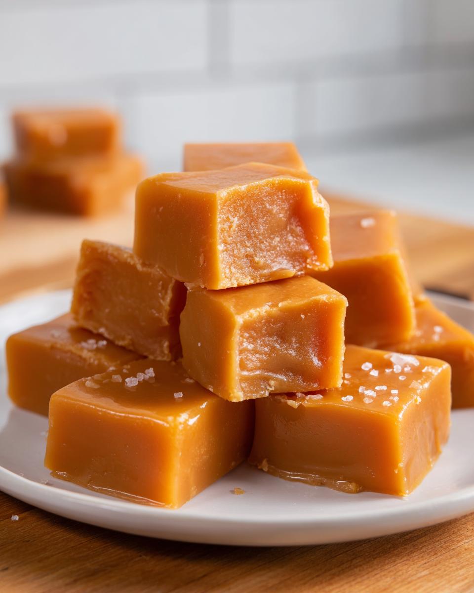 A stack of chewy, golden homemade caramel squares sprinkled with flaky sea salt on a white plate.