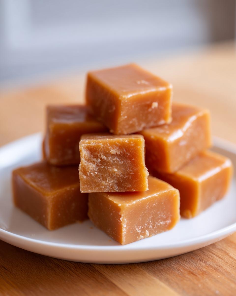 A close-up of several chewy, golden-brown homemade caramel squares stacked on a small white plate.