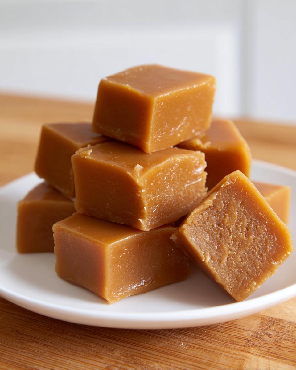 A close-up stack of chewy, golden-brown homemade caramel squares resting on a small white plate.
