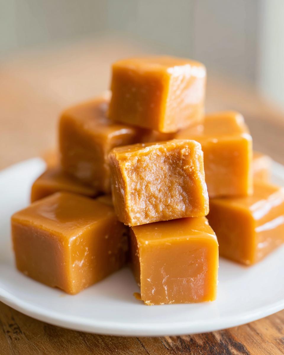 A close-up stack of glossy, chewy homemade caramel squares resting on a small white plate.