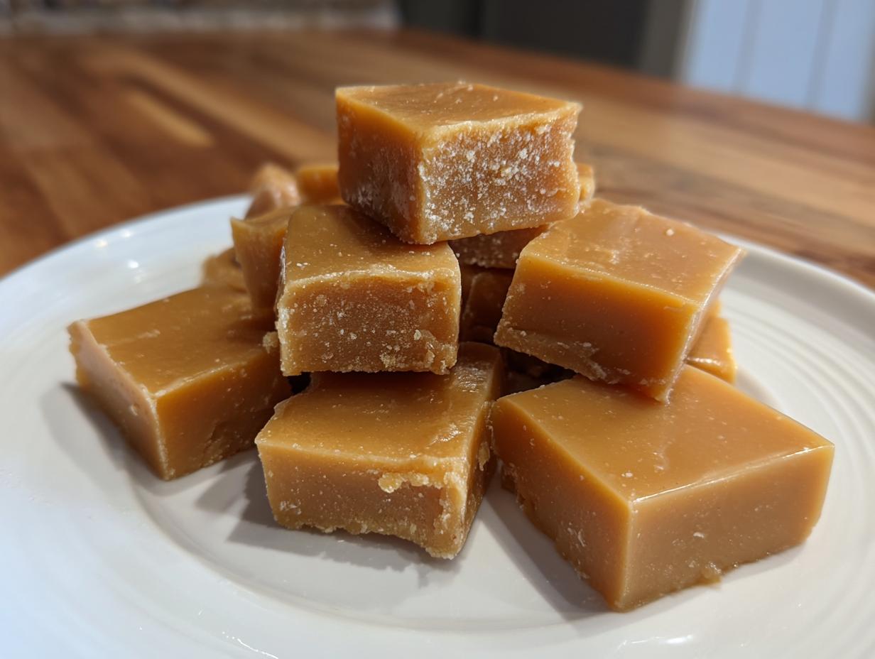 A close-up of several chewy, golden-brown squares of homemade caramel stacked on a white plate.