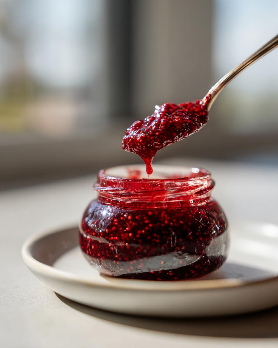 A spoonful of thick, vibrant raspberry jam is lifted from a small glass jar, showing seeds and a drip.