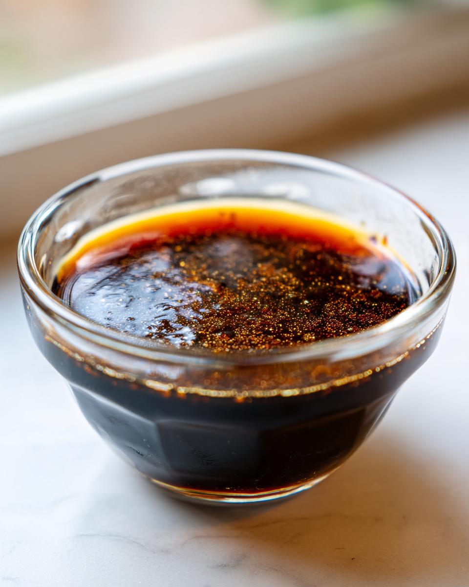 Close-up of thick, dark homemade teriyaki sauce with visible spices floating on top in a small glass bowl.