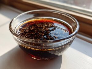 Close-up of rich, dark homemade teriyaki sauce with visible sesame seeds in a clear glass bowl.