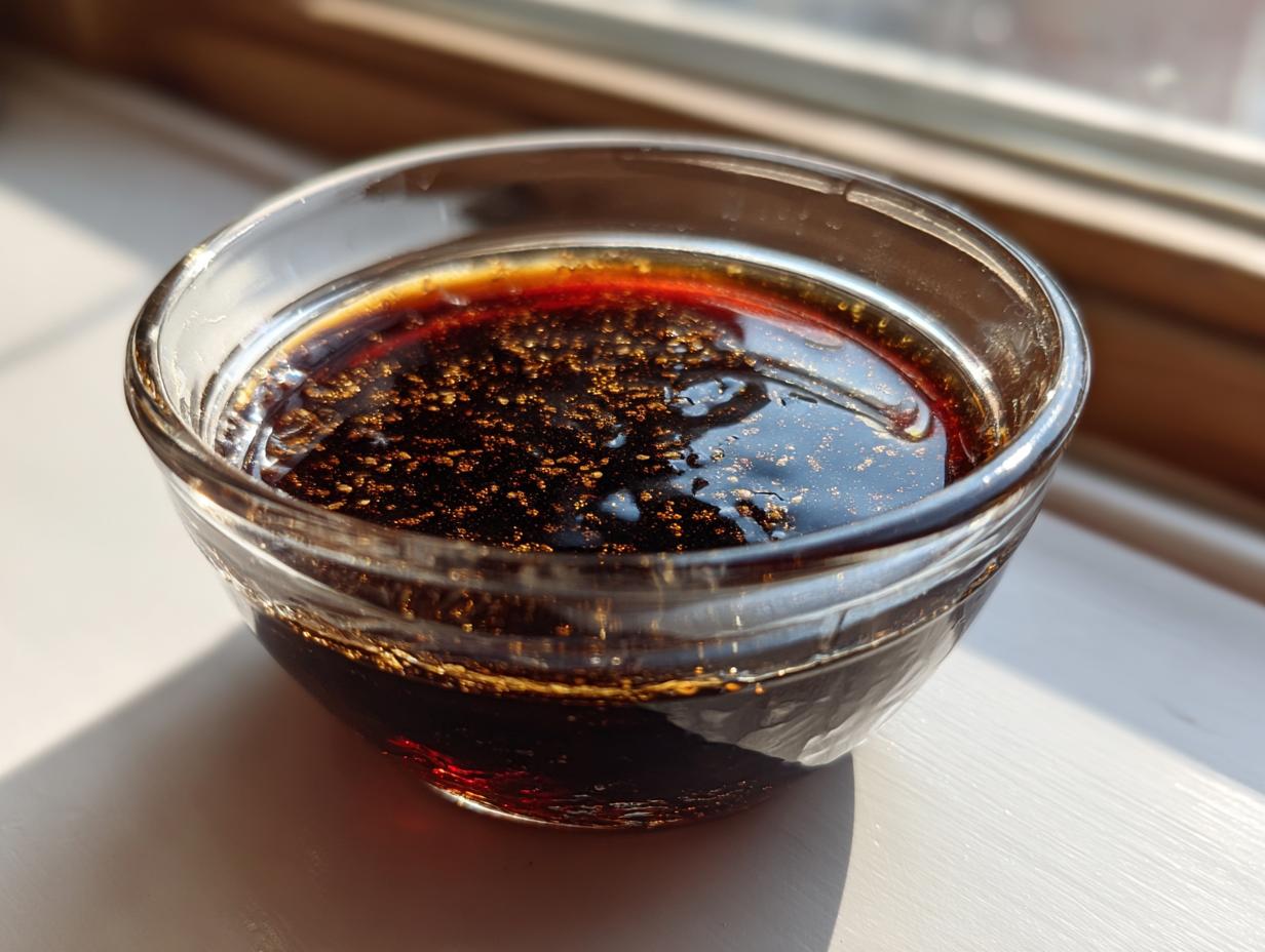 Close-up of rich, dark homemade teriyaki sauce with visible sesame seeds in a clear glass bowl.