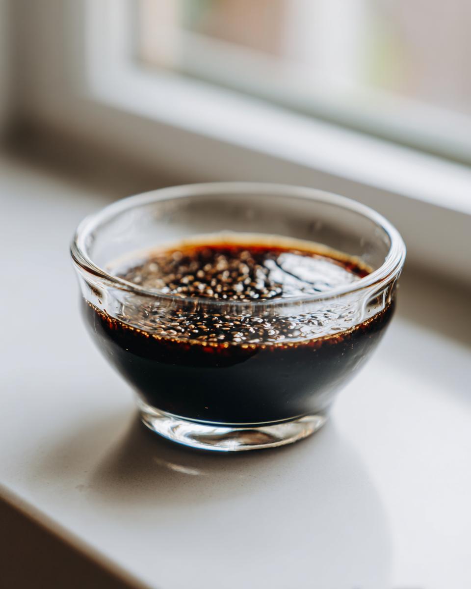 Close-up of homemade teriyaki sauce in a small glass bowl, topped with visible sesame seeds.