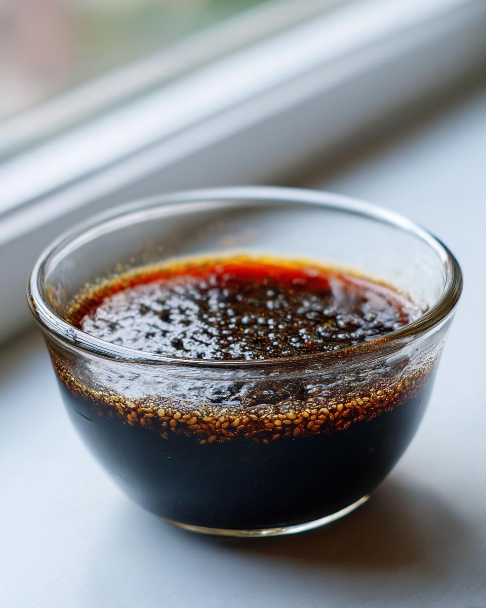 Close-up of rich, dark homemade teriyaki sauce in a small glass bowl, featuring visible sesame seeds.